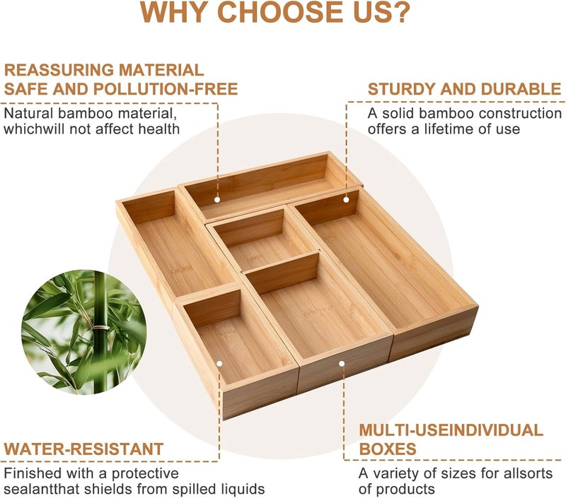 Buwheekoki Bamboo Drawer Organizer 5 Pcs for Kitchen Multi-purpose Storage Dividers for Kitchen, Office, Jewelry, Cosmetics, Wooden Drawer Dividers for Drawer Organizer Desk Organizer Gift for Women Gifts Idea - Image 5